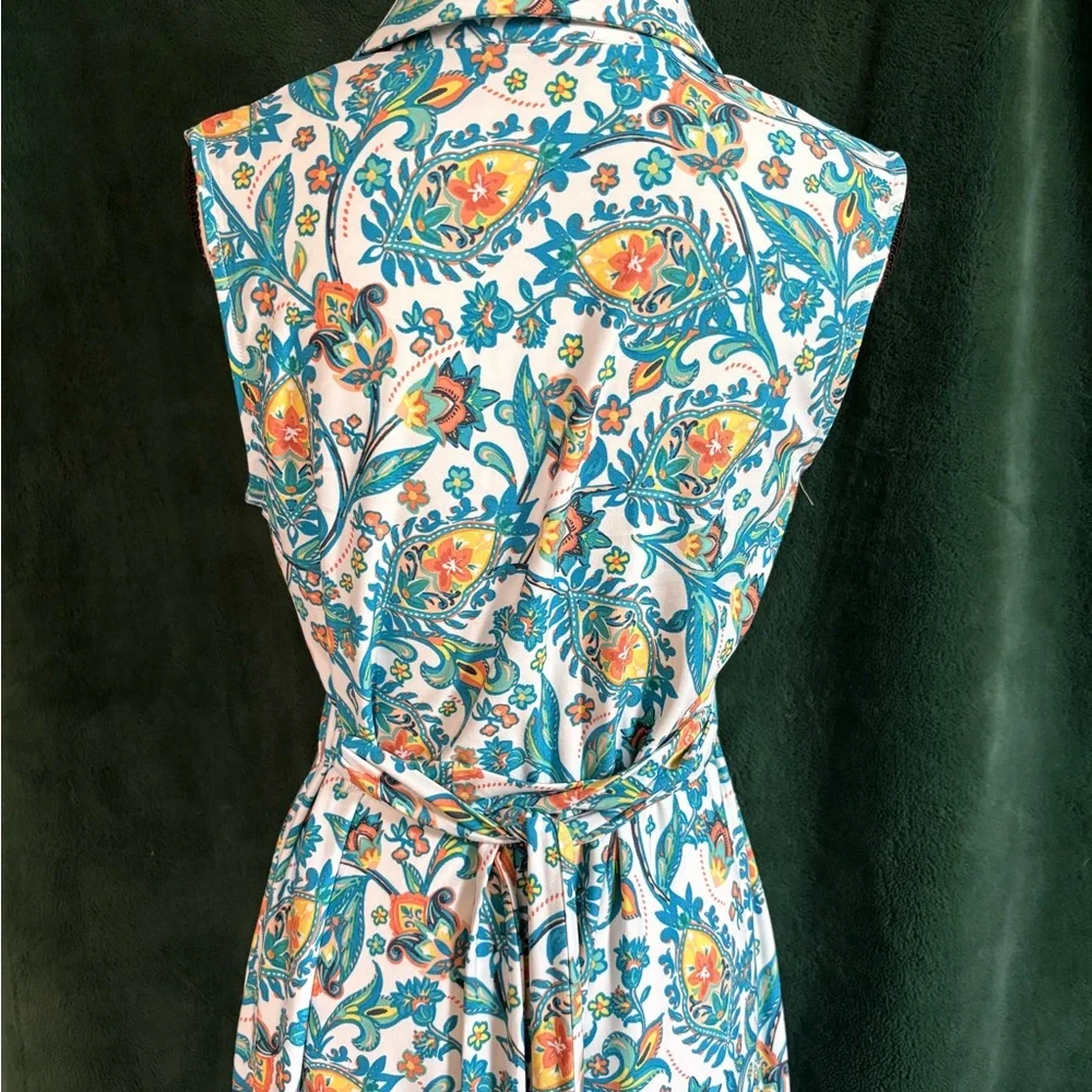 MSK Teal and White Floral Collared Midi Dress with Orange Accents - Picture 4 of 6